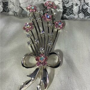 Vintage Daisy Floral Brooch Stems of AB Pink Crystal and Rhinestones